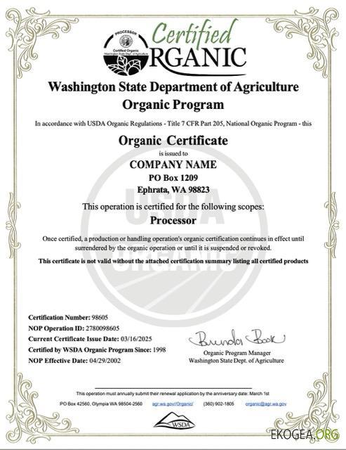 Certificat biologique de l'entreprise aux États Unis, Washington, modèle Word et PDF